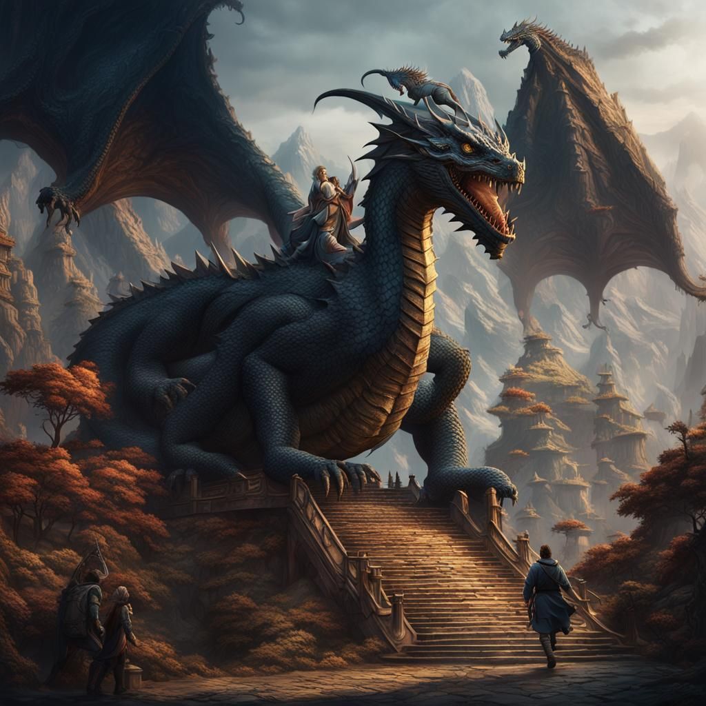 People Riding Dragons in a Detailed Matte Painting