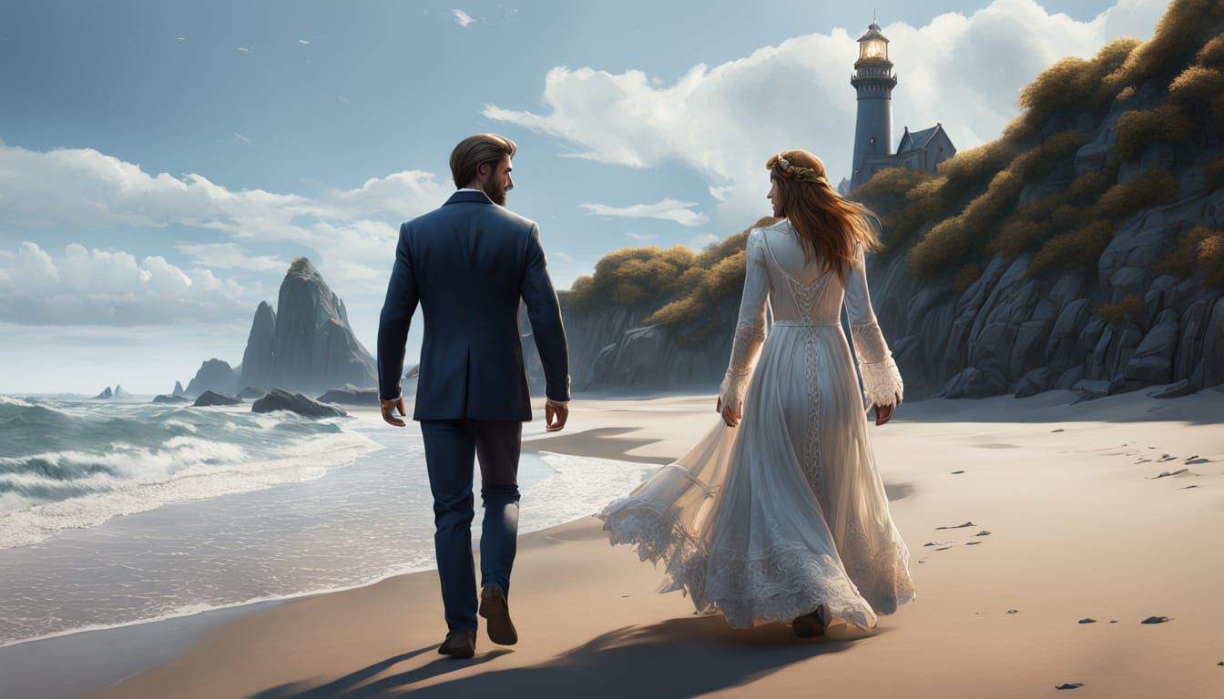 Romantic Couple on Bioluminescent Beach, Pre-Raphaelite Styl...