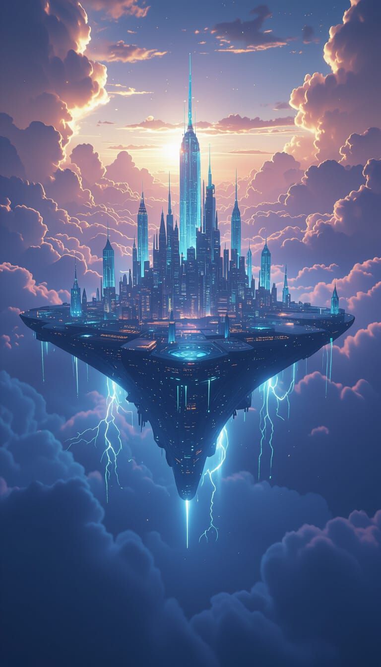 Floating City on Sky-Beast in Ethereal Storm