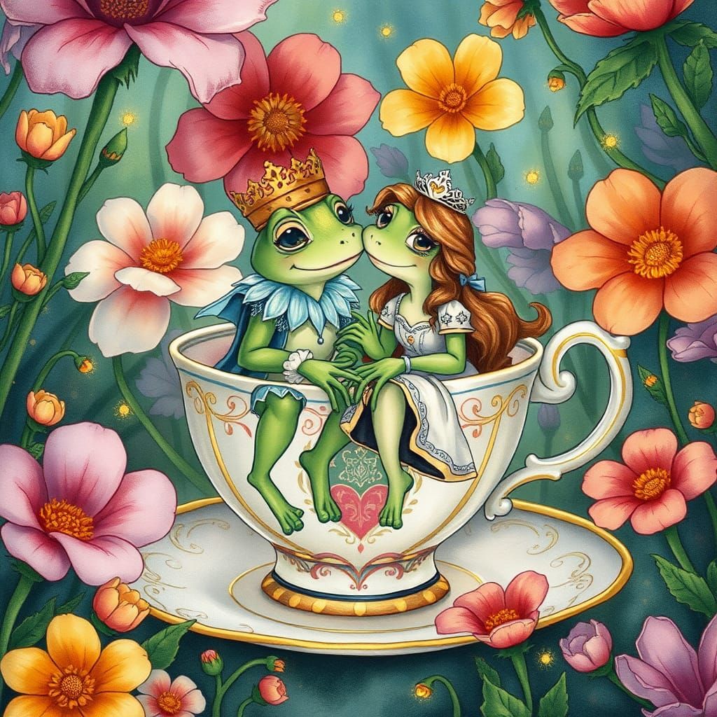 Frog Prince and Princess in Teacup Garden