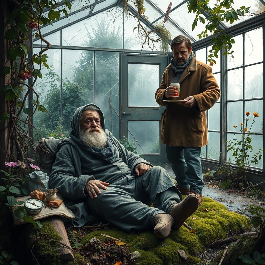 Homeless Man in Overgrown Greenhouse, Painterly Realism
