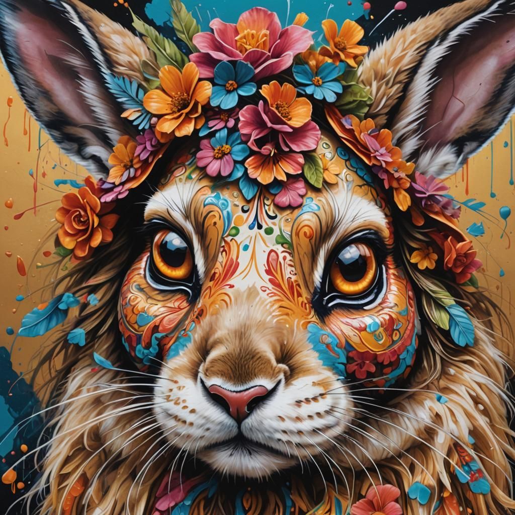 Rabbit with Catrina Face in Vibrant Street Art Style