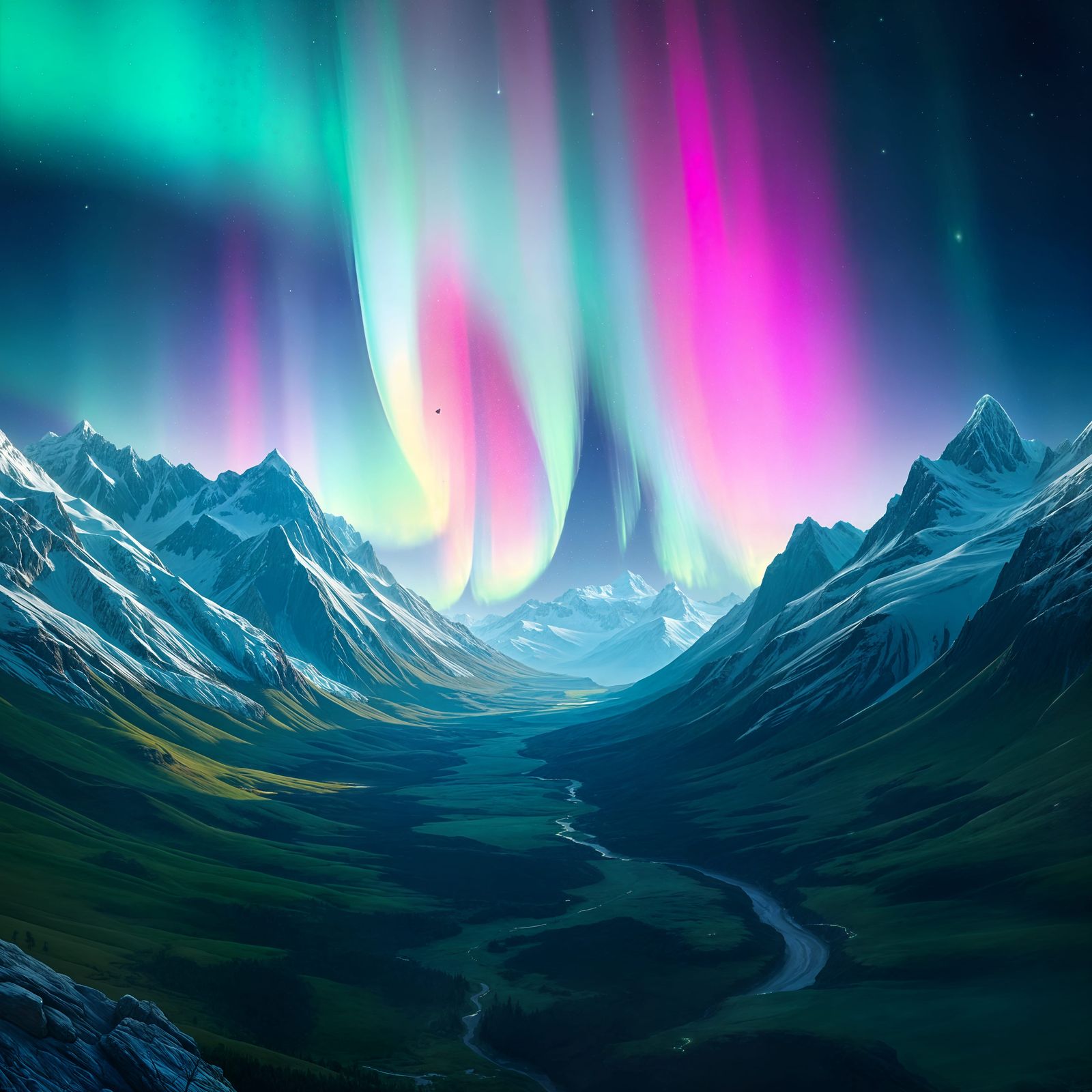 Ethereal Fantasy Landscape with Aurora Borealis