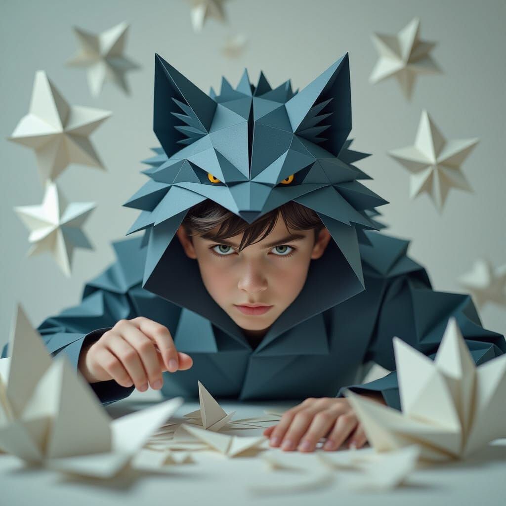 Boy's Origami Transformation into Werewolf in Dreamlike Styl...