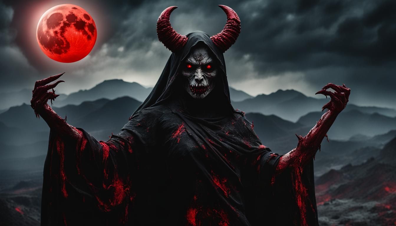 Demonic Creature in Hellish Landscape with Red Moon