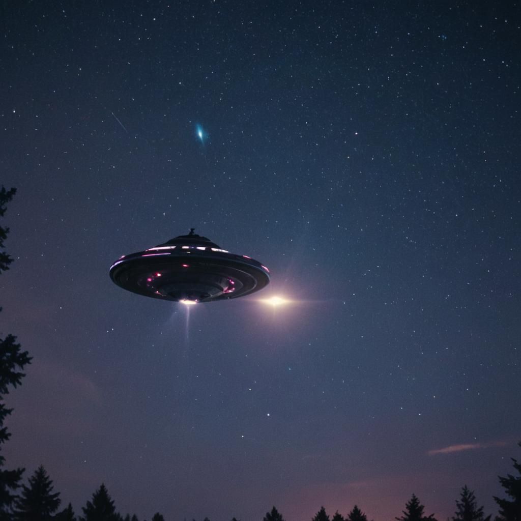 UFOs in Starry Night Sky: Cinematic Film Still