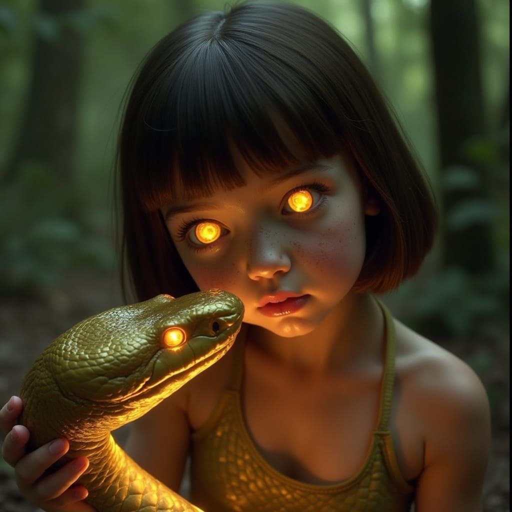Girl Hypnotized by Snake in Misty Forest, Cinematic Style