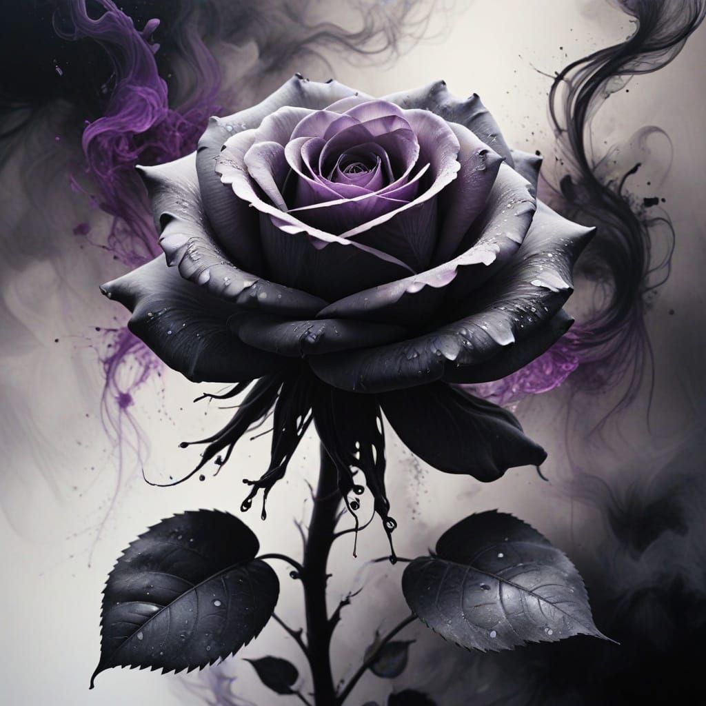 Ethereal Rose Ink Drawing with Purple Accents