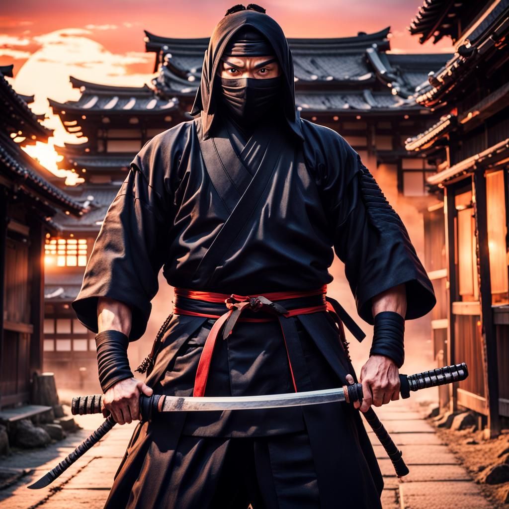 Ninja at Sunset: Dramatic Japanese Village Scene