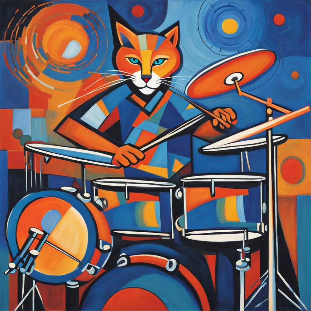 Cat Drummer in Abstract Expressionist Style