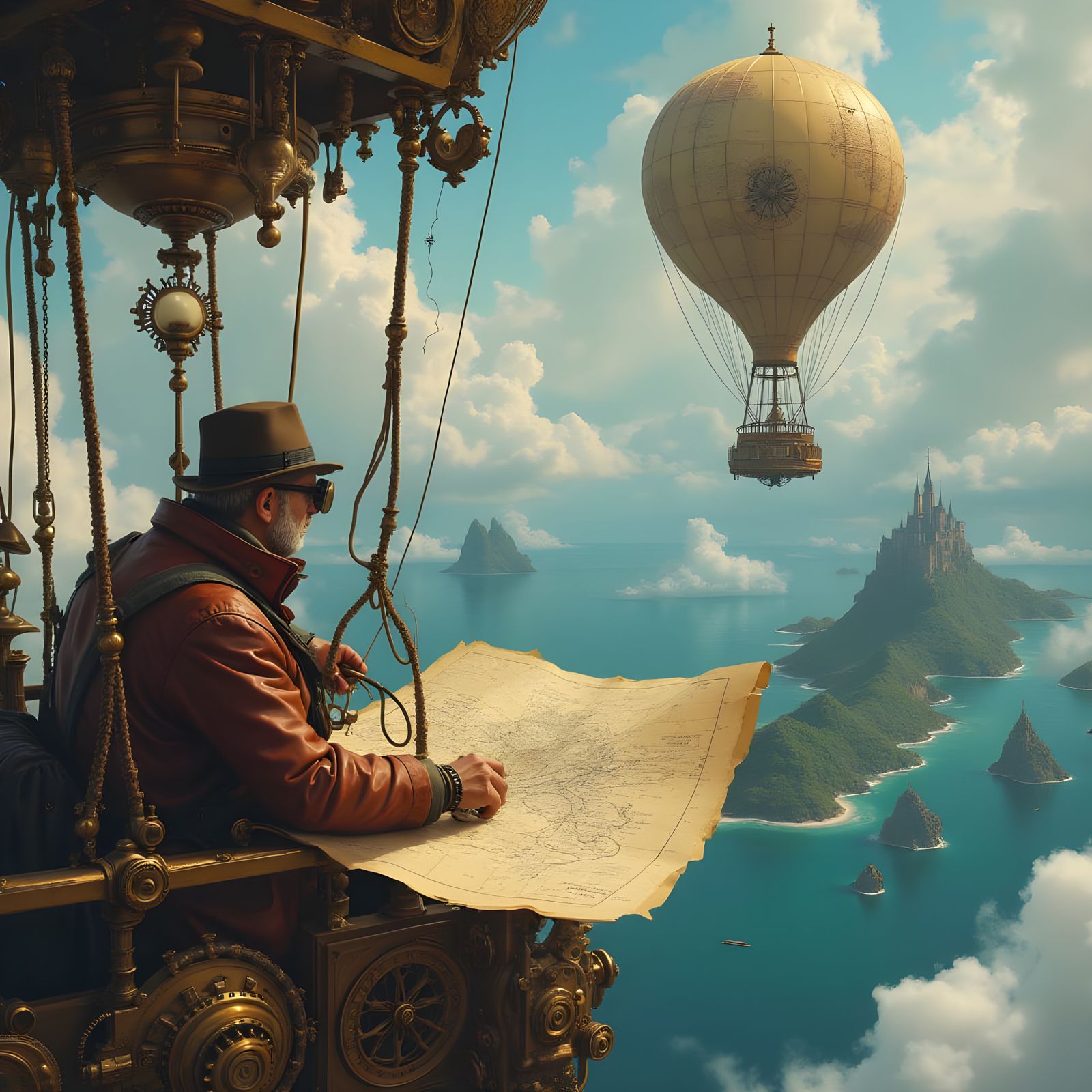 Steampunk Cartographer Charts Archipelago from Hot Air Ballo...