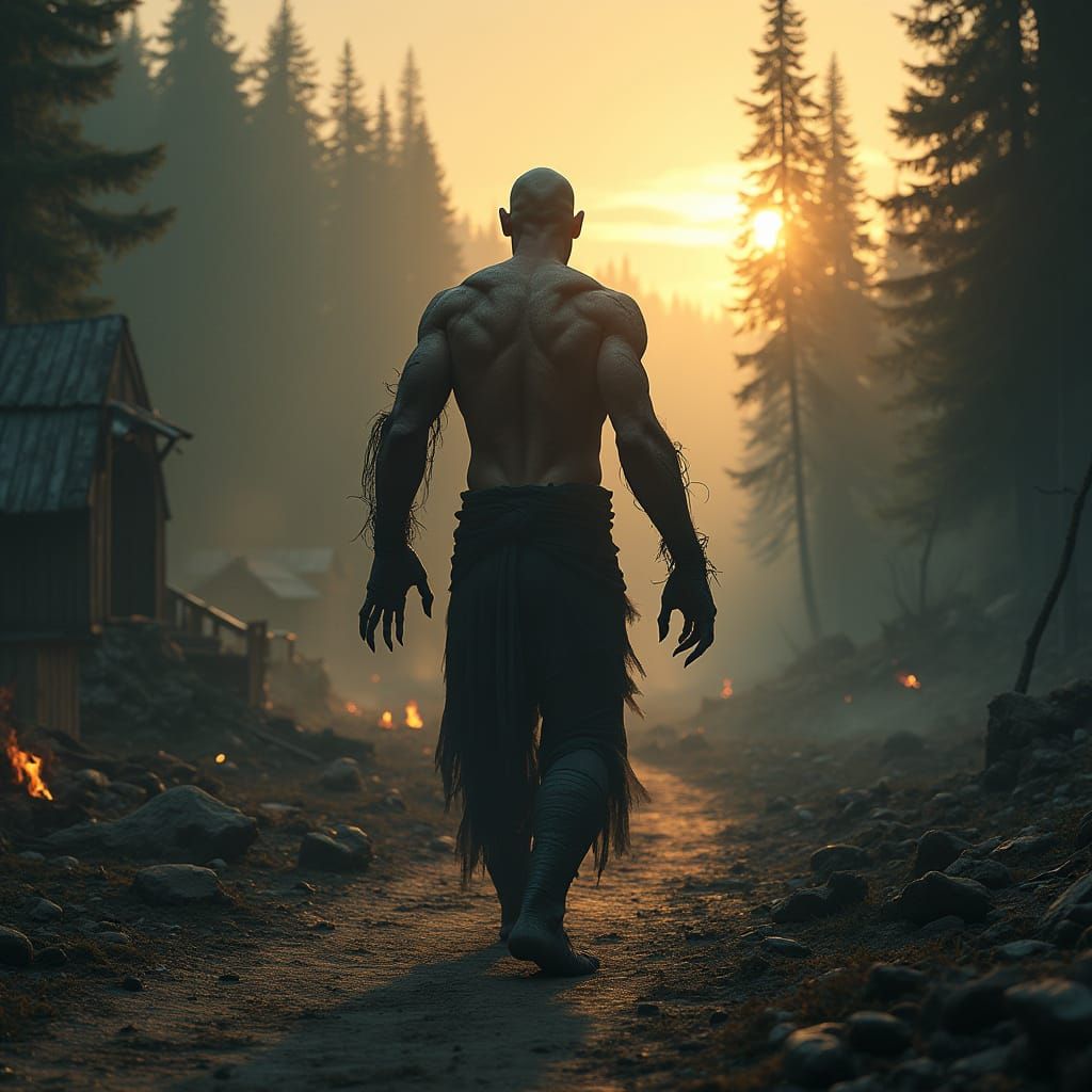 Dark Fantasy Warrior Emerges from Smoldering Village at Dawn