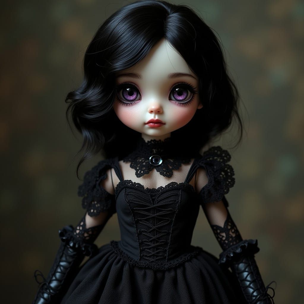 Ethereal Doll-Like Woman in Gothic Evening Attire