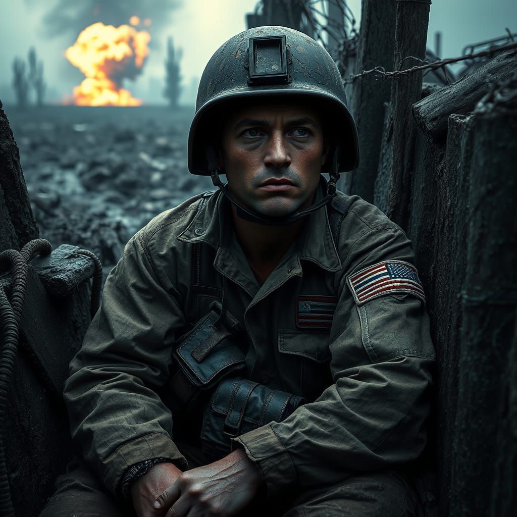 A Shell-Shocked Soldier's Haunted Gaze in a Ruined Landscape