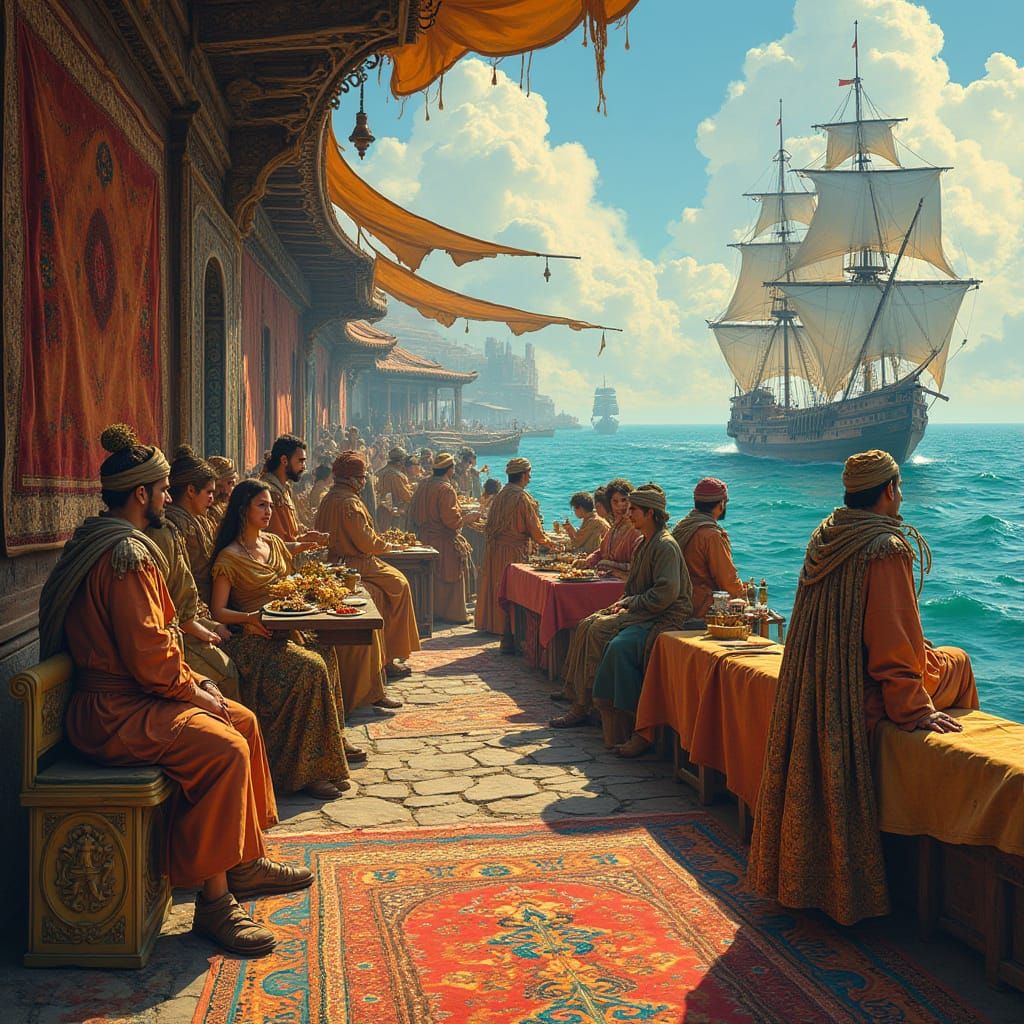 Ancient Traders Savoring Exotic Spices by Trading Ships