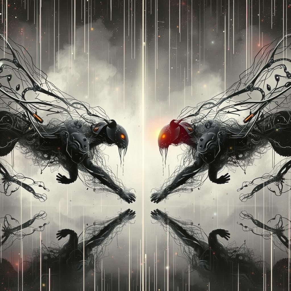 Introspective Figure in Haunting Biomechanical Landscape