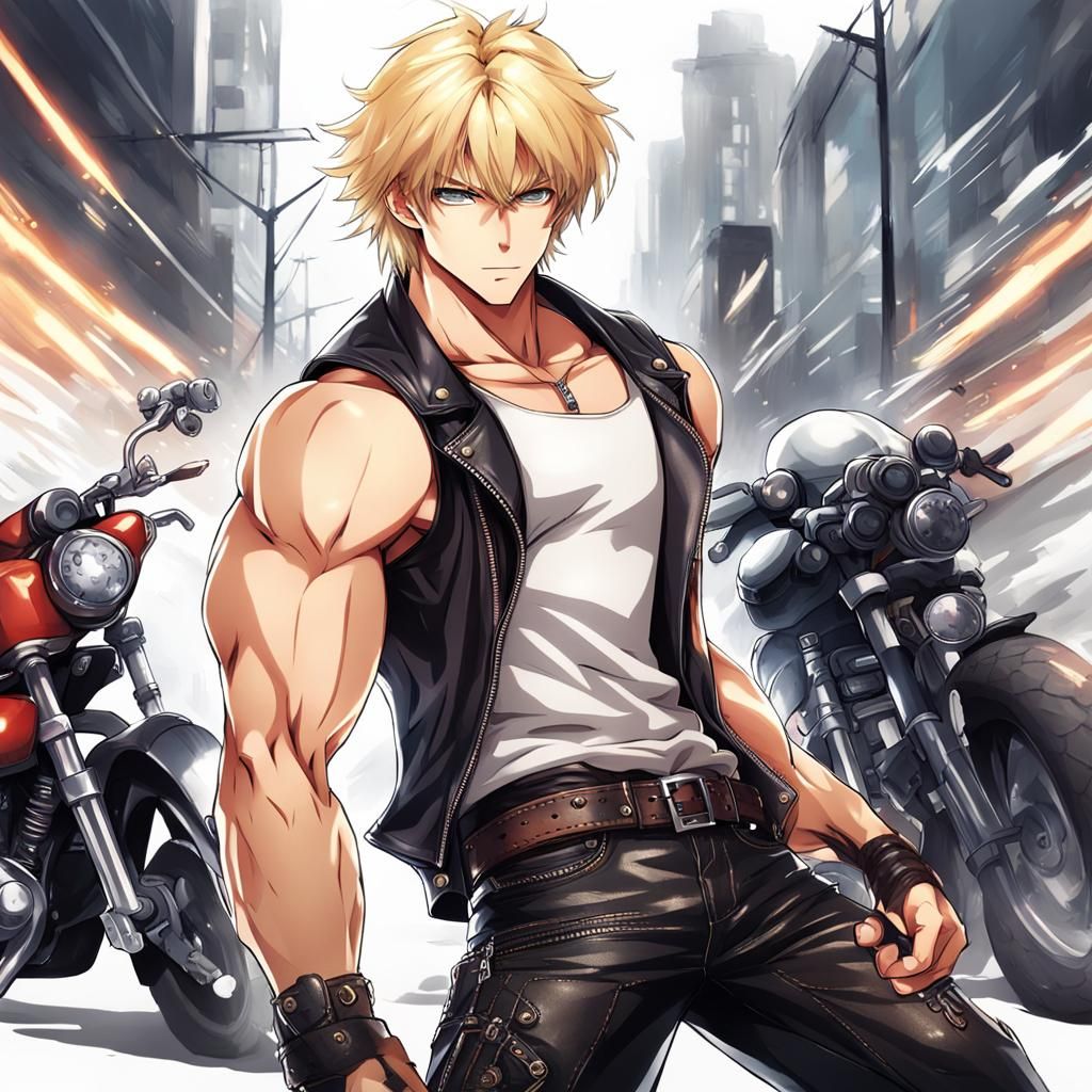 Muscular Biker in Anime Key Visual Style