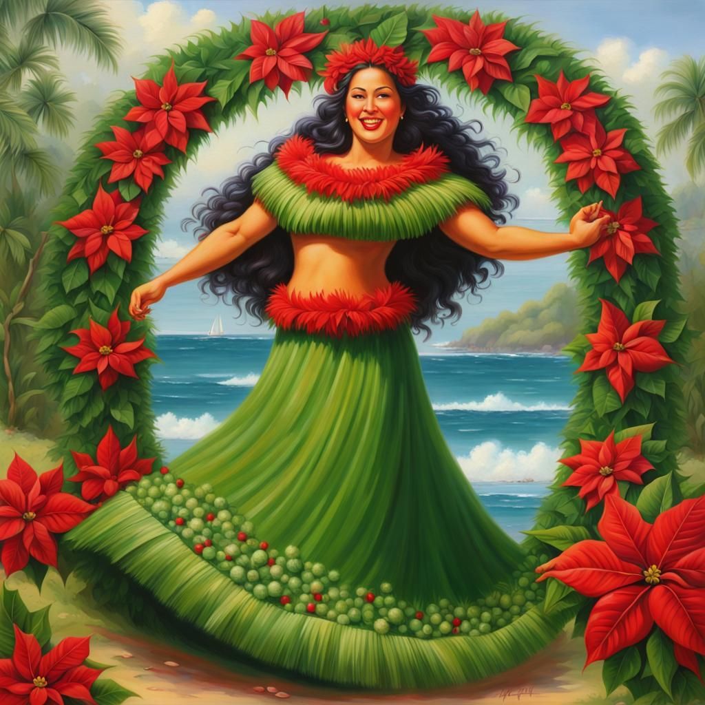 Festive Hula Dancer in Detailed Oil Painting Style