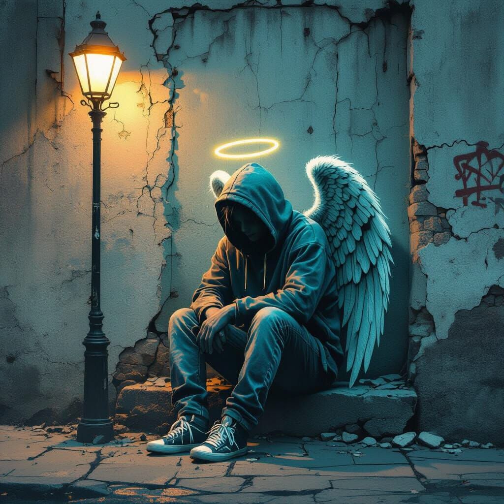 Melancholic Angel in Urban Decay Stencil Art