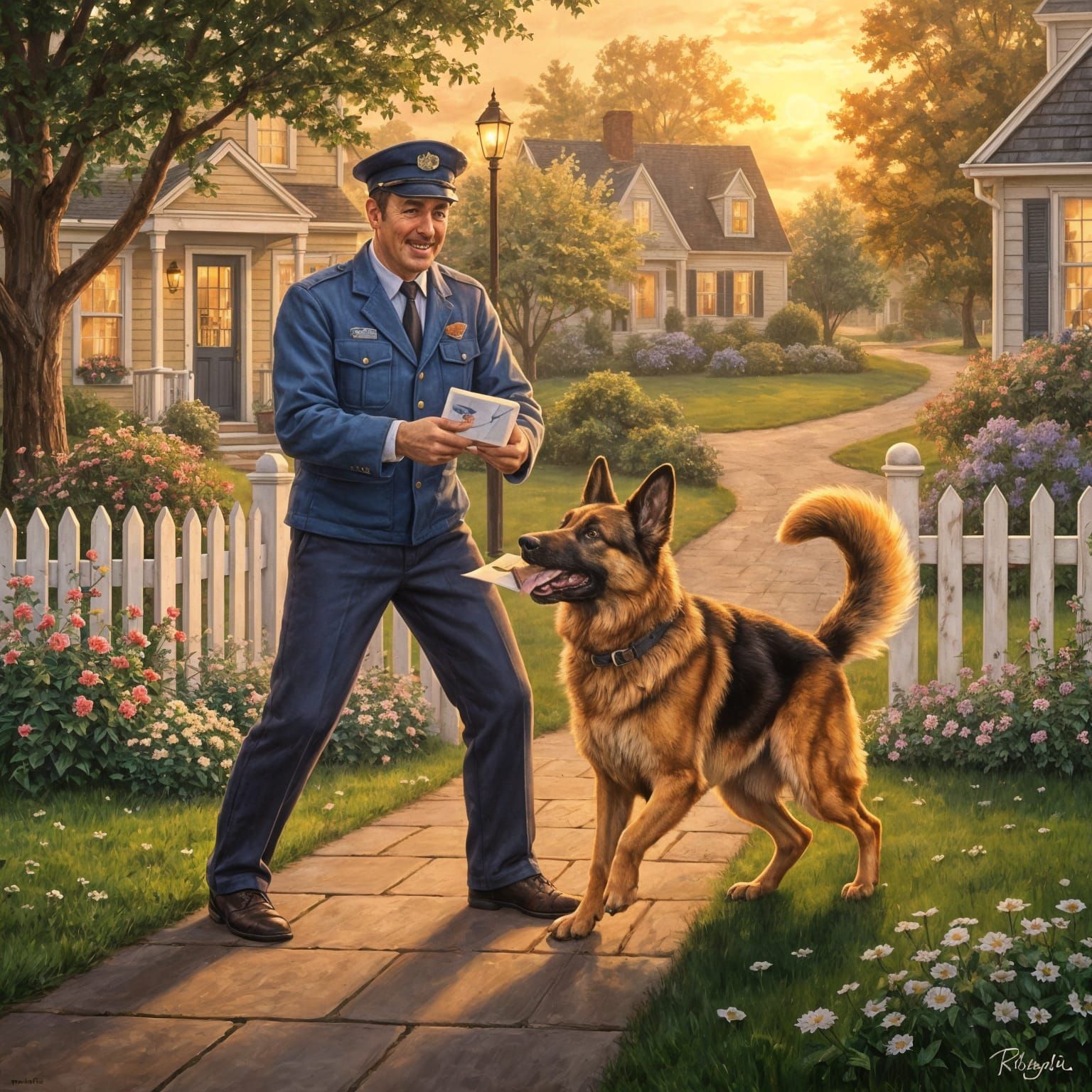 Jolly Postman Plays Fetch with Dog in Rockwell Style