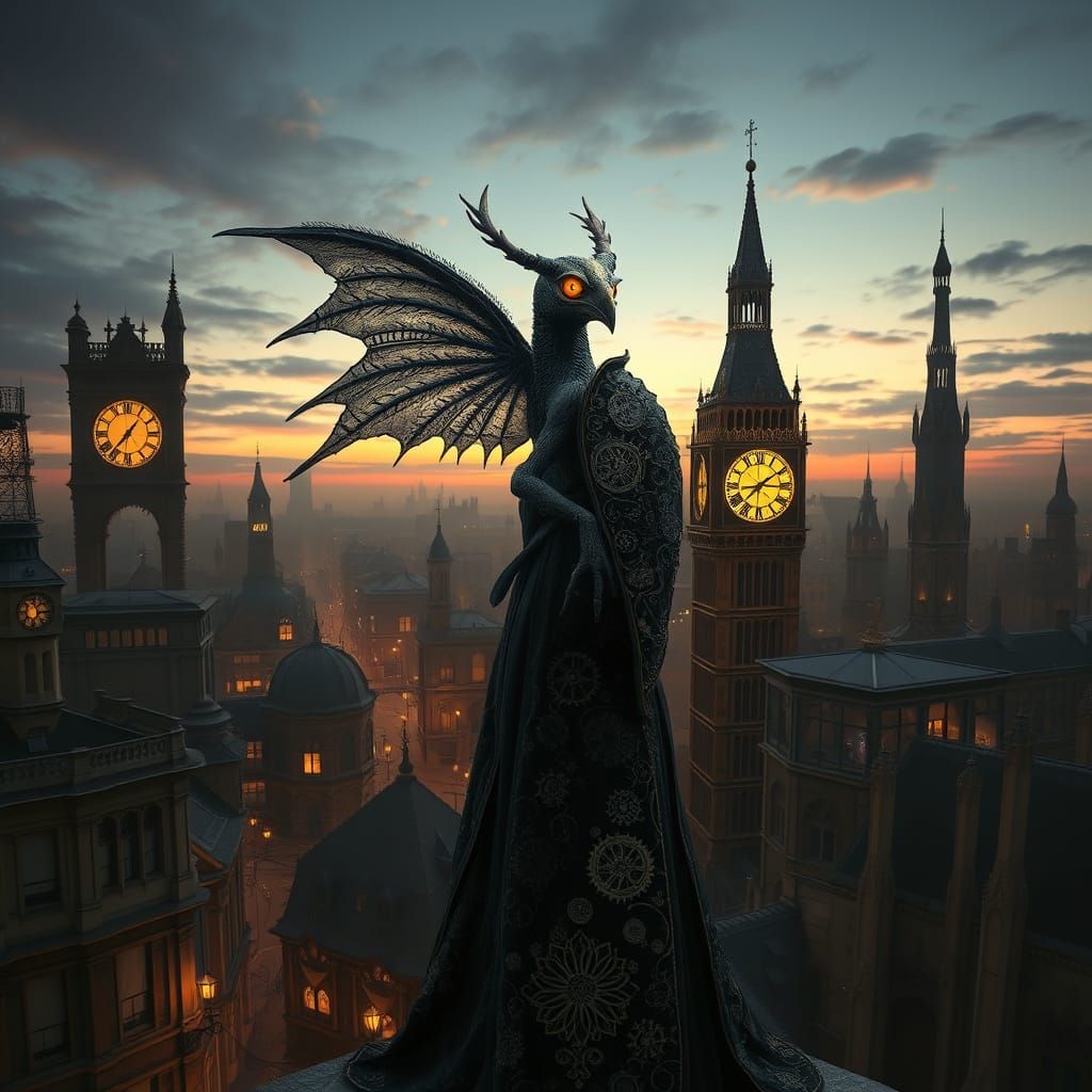 Steampunk Harpy on Clock Tower at Twilight