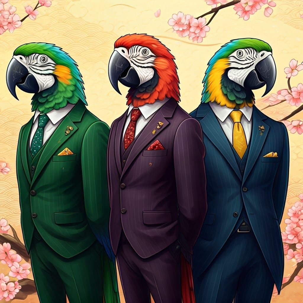 Exotic Parrots in Elegant Anime-Inspired Suits Perched on Ch...