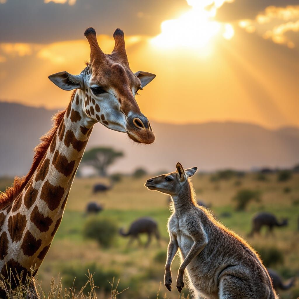 Giraffe and Kangaroo Friendship in Golden Light