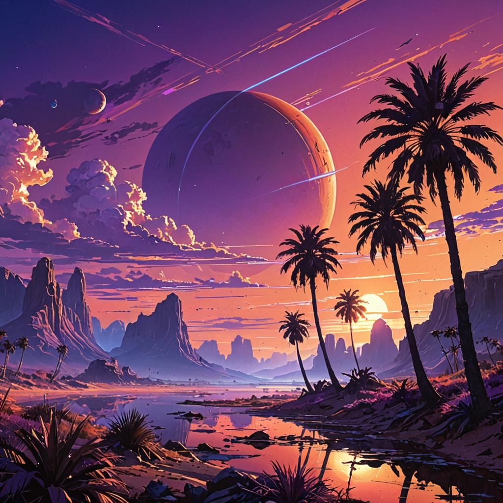 Alien Sunset Landscape in Vibrant Digital Art Style