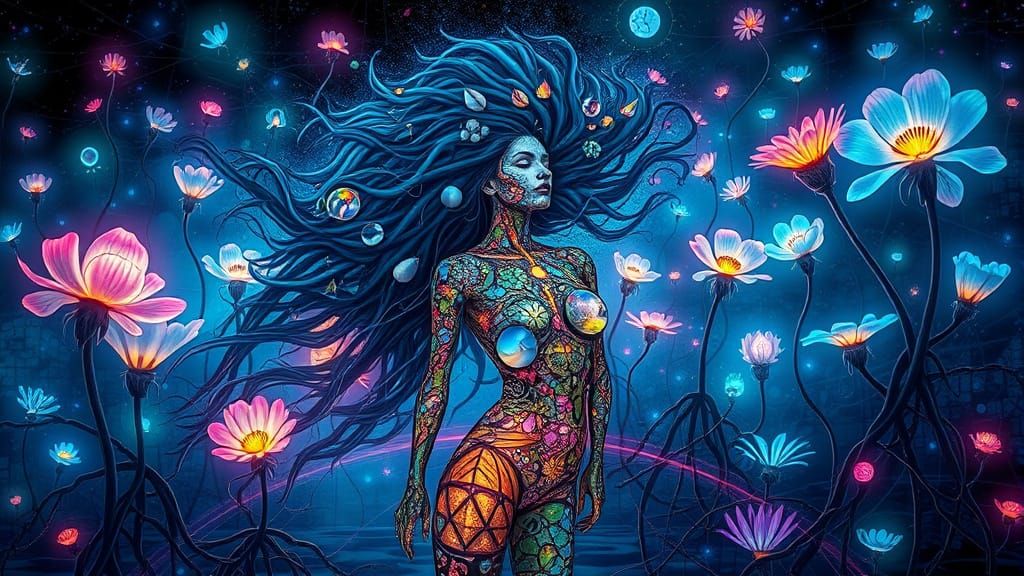 Bioluminescent Garden with Mirror Roots and Glowing Woman