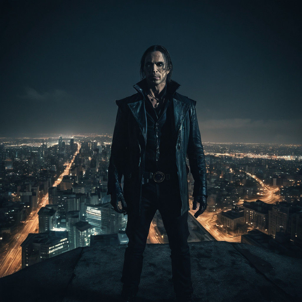 Vampire Silhouette Dominates 35mm Film Cityscape at Dusk