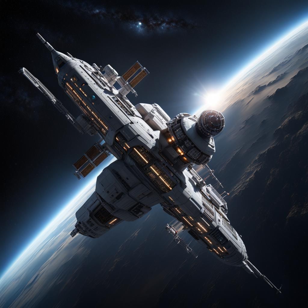 A space station with a clear foreground and background of space around it.