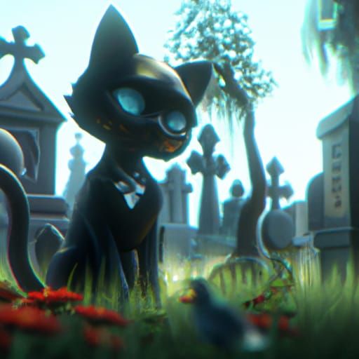 Black Cat in Graveyard: Detailed Matte Painting