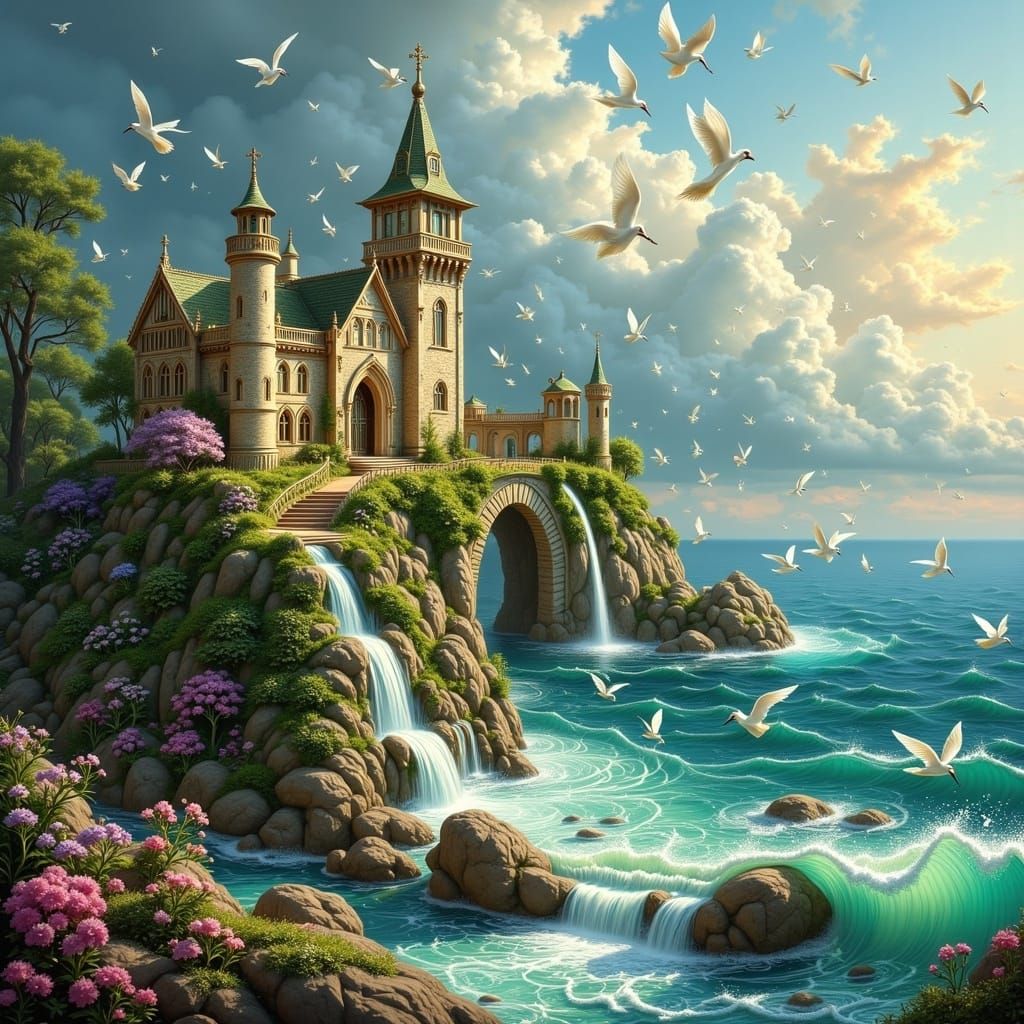 Ancient Castle on Cliff Overlooking Turquoise Sea at Dawn