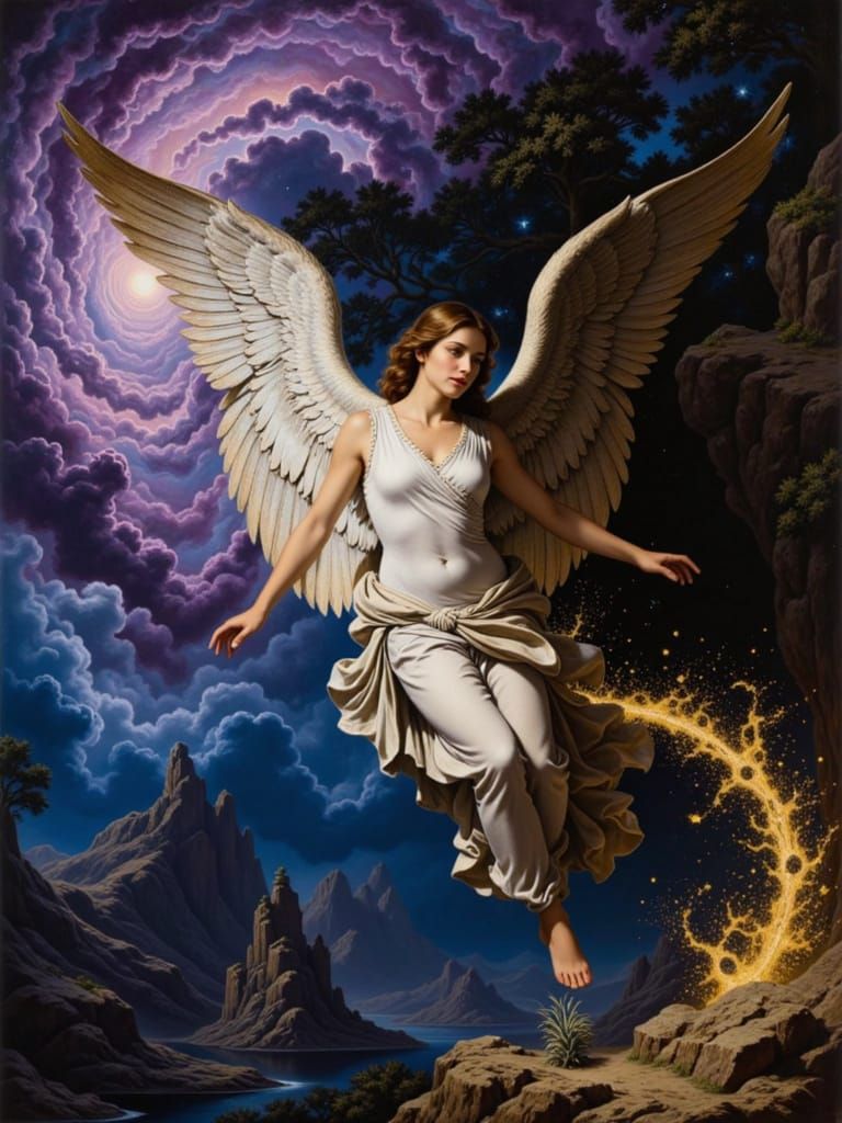 Angel Descends Through Cosmic Vortex, Divine Light and Shado...