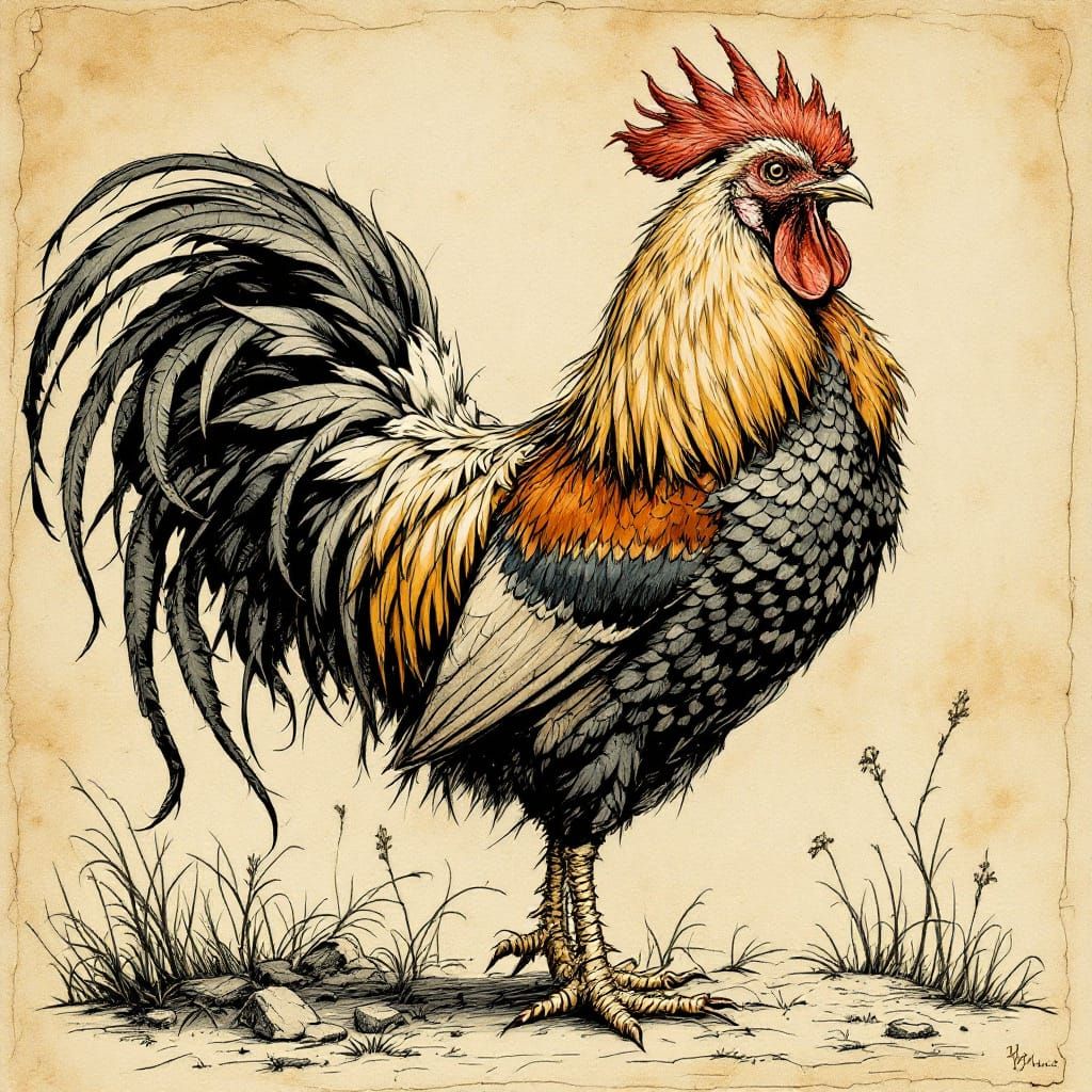 Majestic Rooster in Rackham Dürer Medieval Manuscript Style