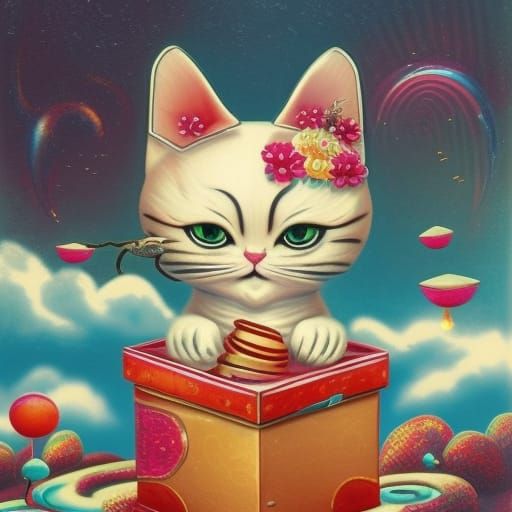 Lucky Cat in a Box: Surreal Pointillism Art