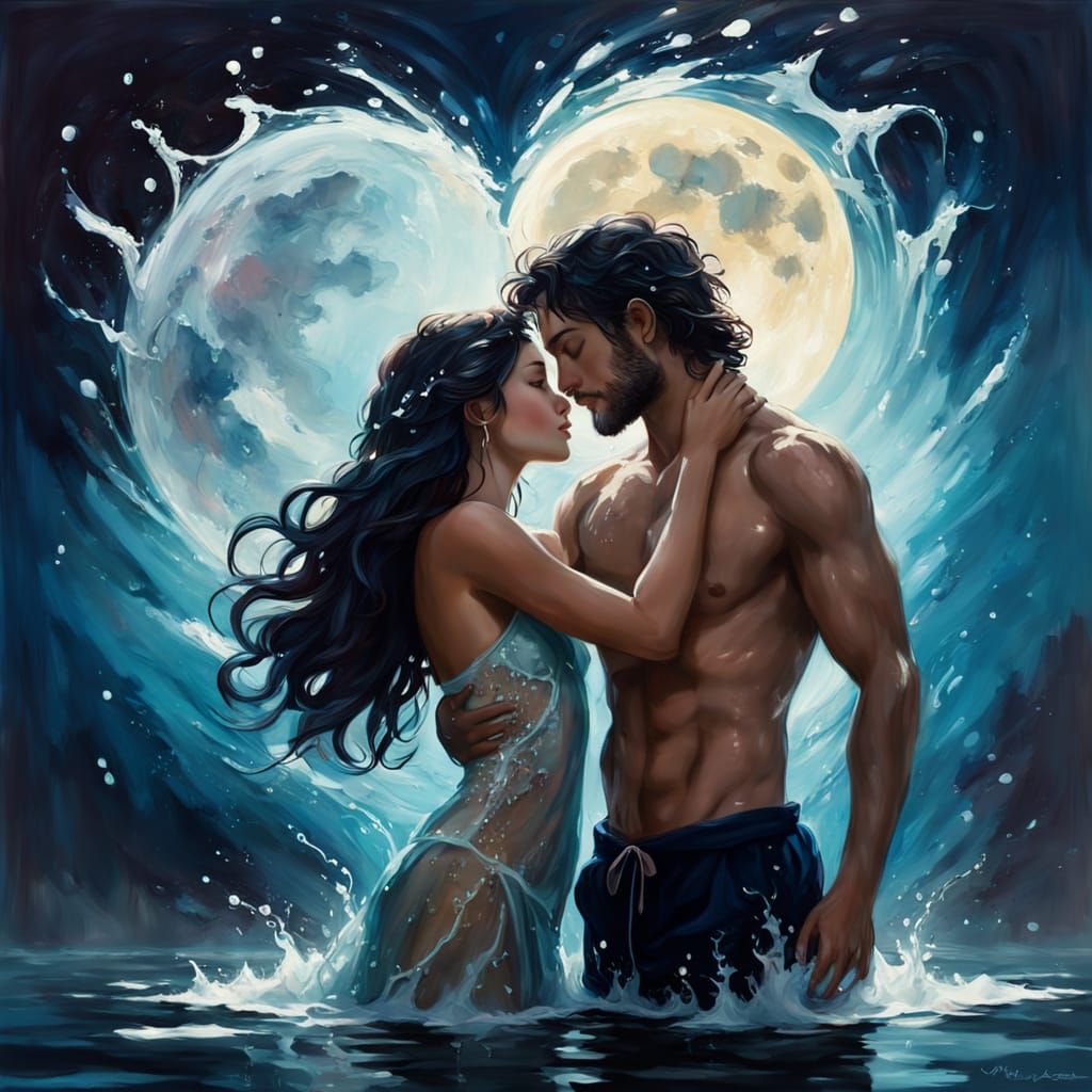 Romantic Couple Kissing Underwater Oil Painting