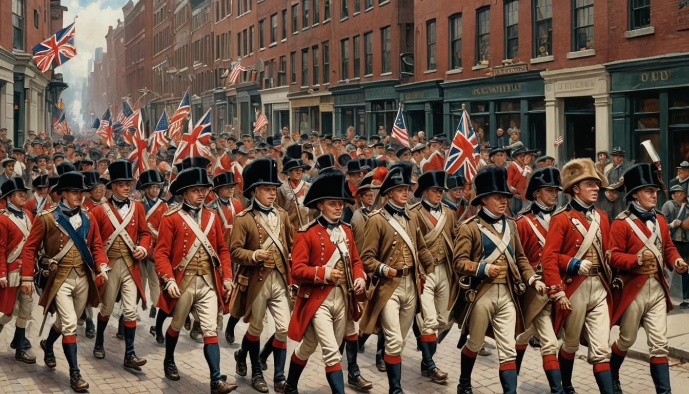 1776 British redcoats wearing bearskin hats marching with Br...