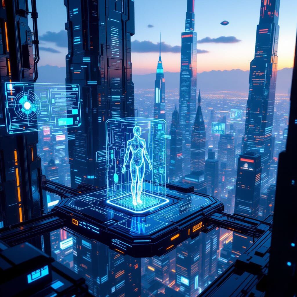Futuristic Reality Simulation in a Dystopian Cityscape