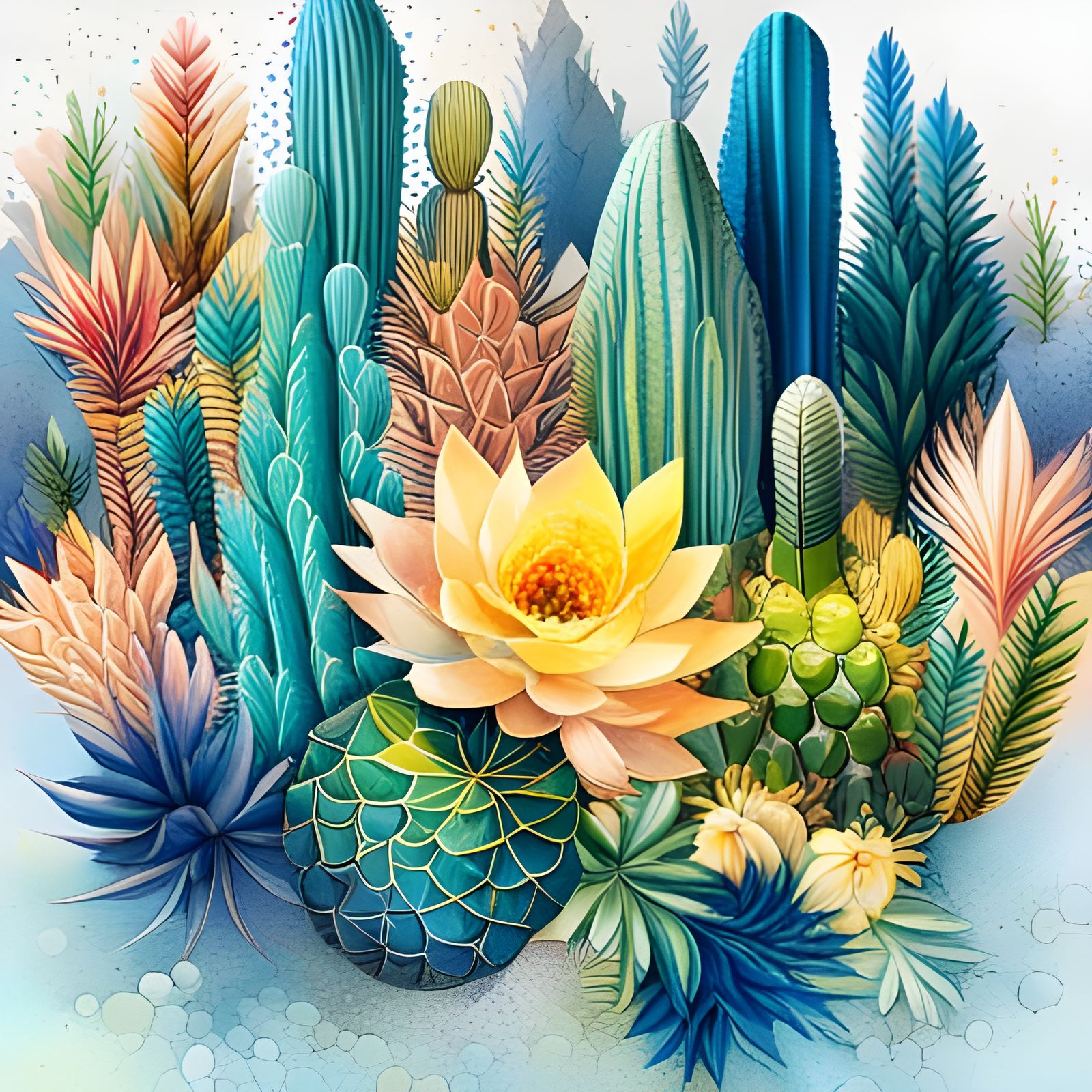 Intricate Cactus in Magical Desert, Abstract Art