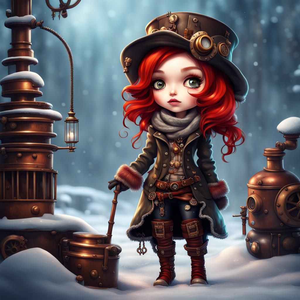 Steampunk Chibi Girl in Winter Fashion, Oil Painted