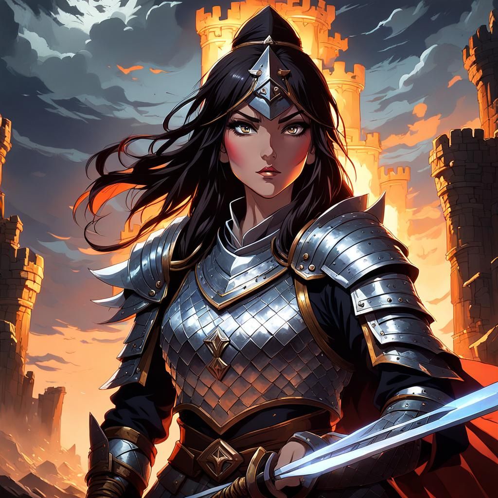 Anime Warrior in Ruins at Night