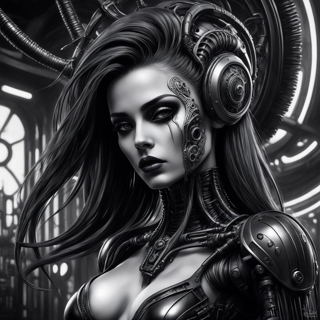 Gothic Cyberpunk Female Portrait in Giger Style