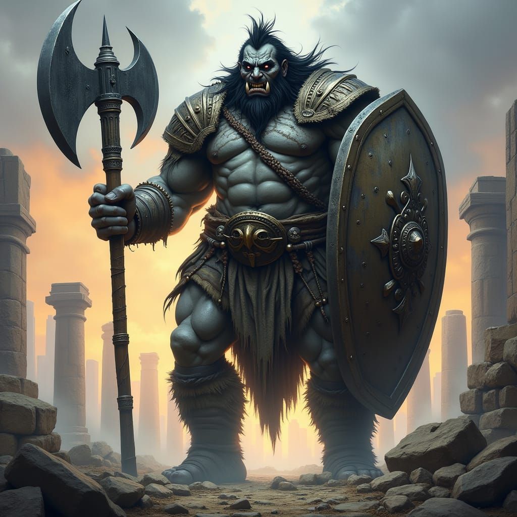 Ferocious Warrior Triumphant in Misty Battlefield