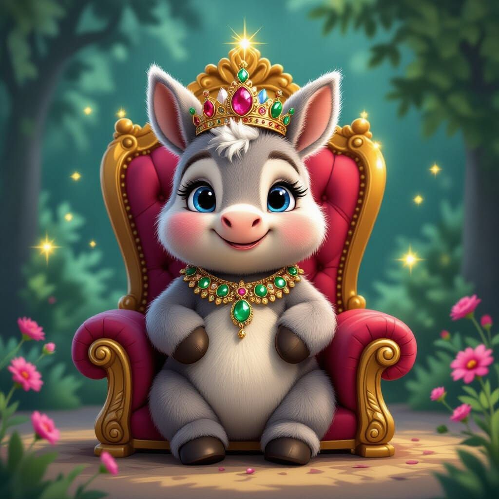 Adorable Donkey King with Gem Crown and Fuchsia Cape