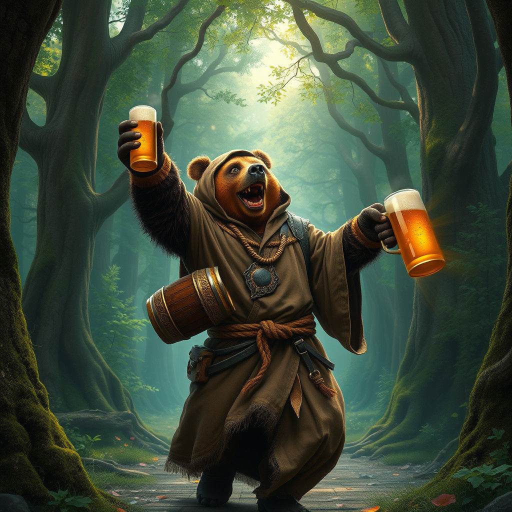 Drunken Bear Monk Dancing in Emerald Forest Glen