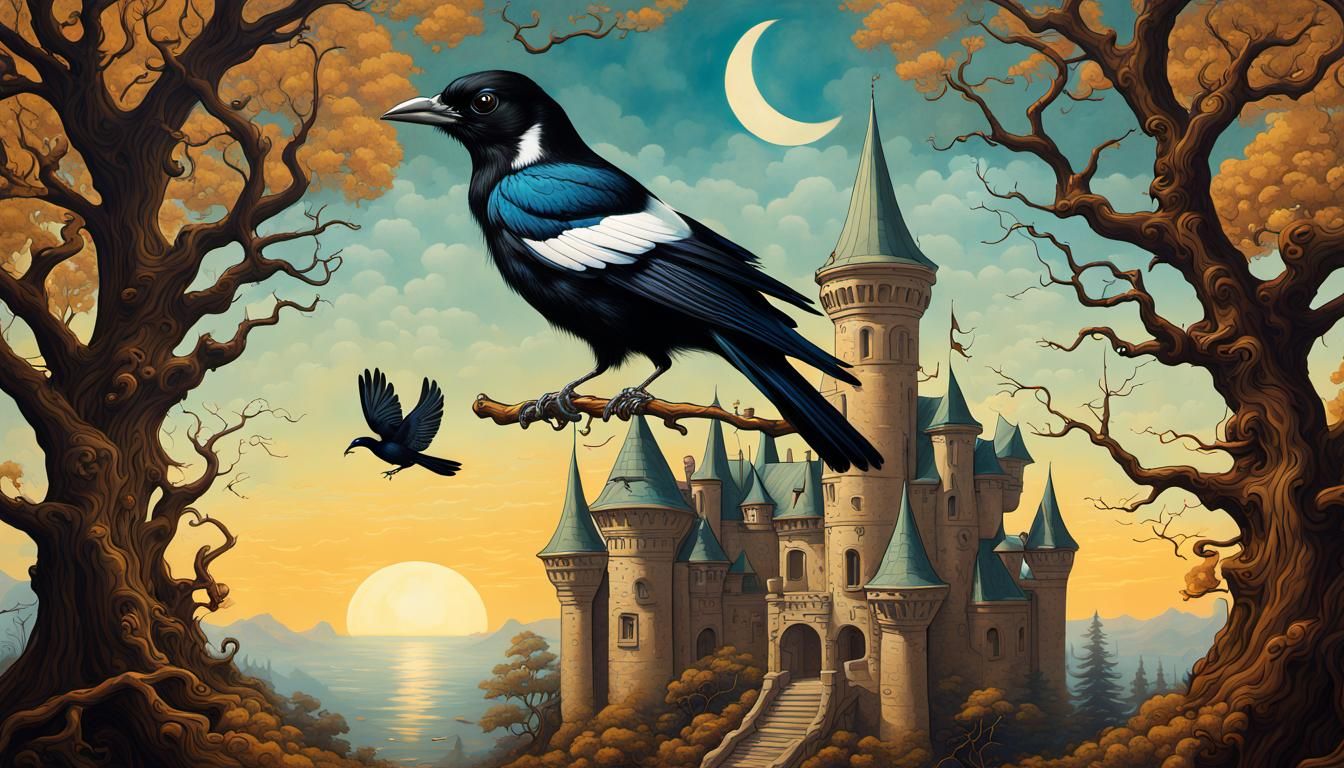 Magpie and Tree Castle in Psychedelic Art Nouveau