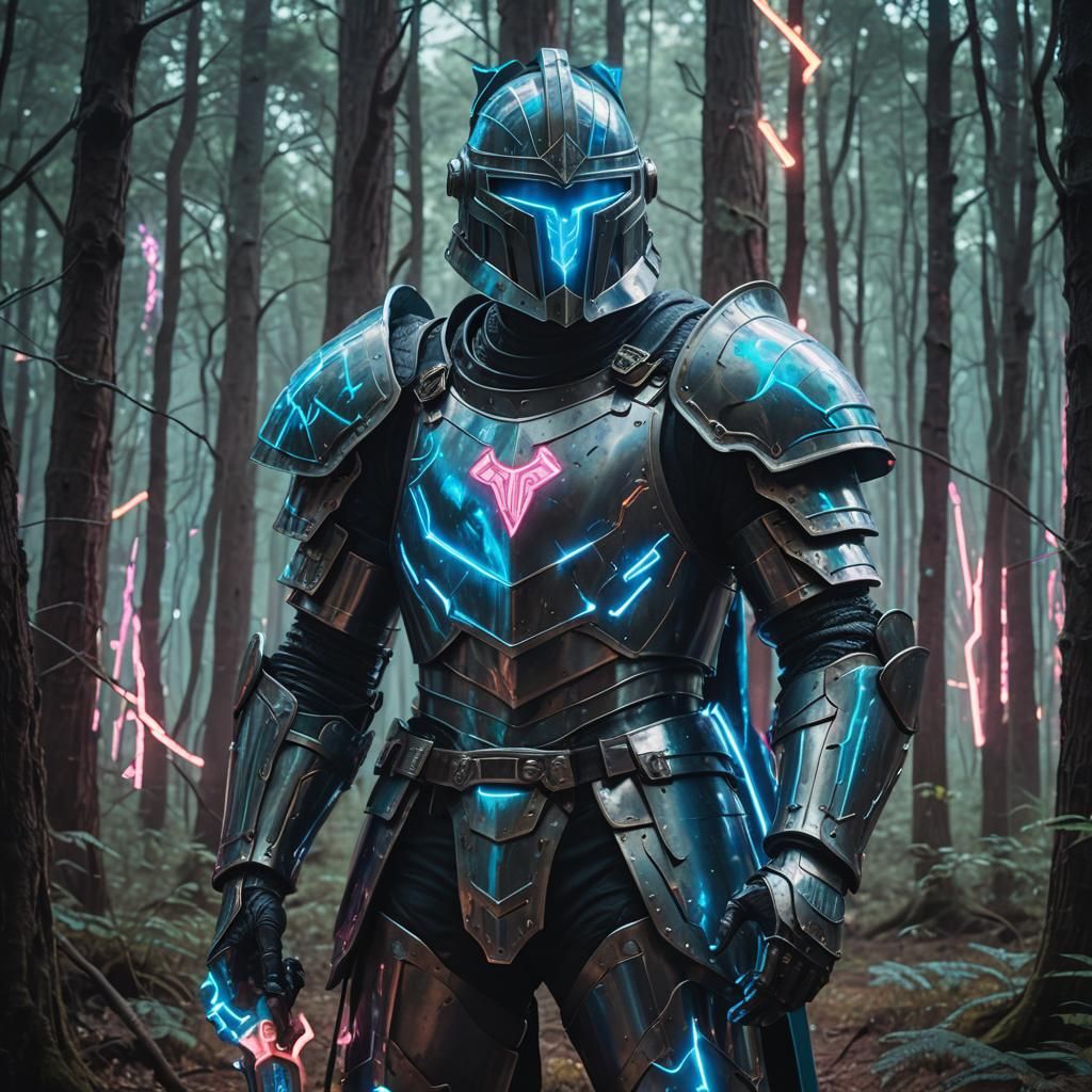 Synthwave Knight with Neon Shield in Dark Forest