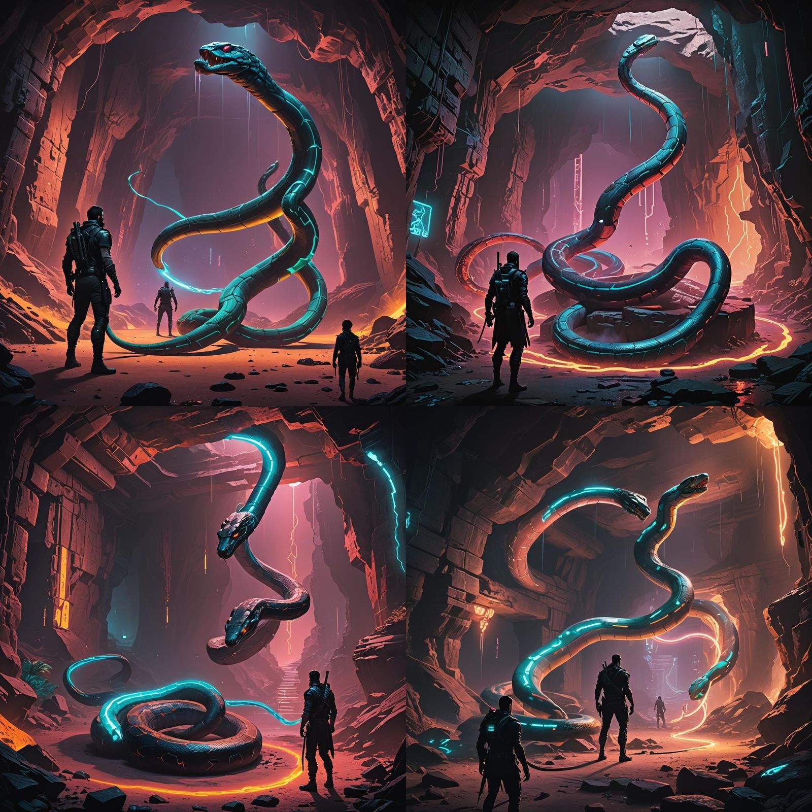 Bioluminescent Snake Stalks Knight in Cyberpunk Cave