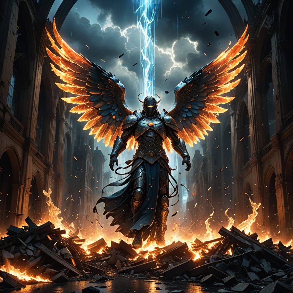 Colossal Angel Over Ruined Earth with Fiery Stained-Glass Wi...